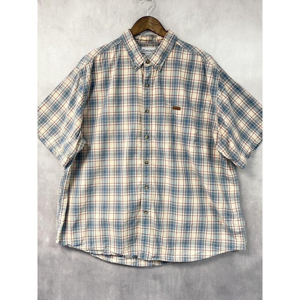 Carhartt Mens Plaid Shirt Size 2XL Cotton Short Sleeve Button Down Work Heritage